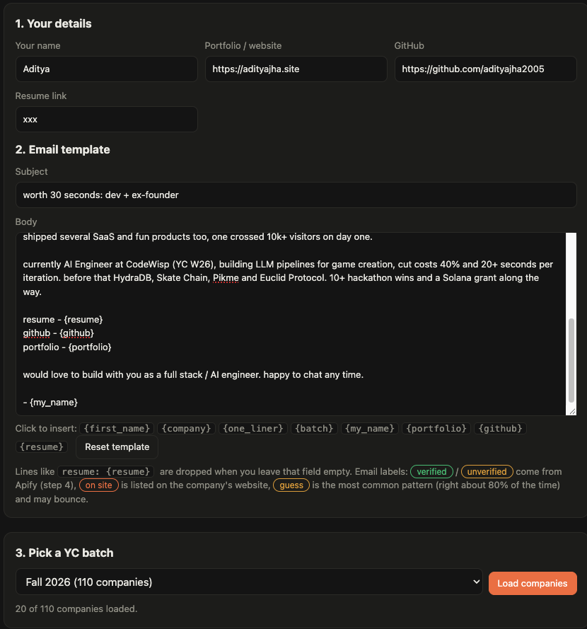 adxtyahq's tweet photo. one thing that’s helped me land opportunities is cold emailing YC founders

i’ve been using this for 7-8 months, emailed 200+ founders and got replies from ~40

finally open sourcing the tool i used to do it

pick a batch → get founders + emails → write once → send to everyone

small tool, saved me a ton of time.