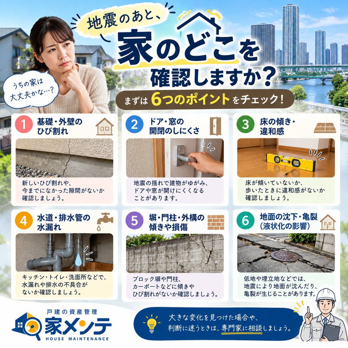 iemente_JP's tweet photo. 🏠 地震のあと、家のどこを確認しますか？

大きな揺れのあとは、室内だけでなく建物にも変化が出ることがあります。
🔎 外壁・基礎に新しいひび割れはない？
🔎 ドアや窓が急に開けにくくなっていない？
🔎 床に傾きや違和感はない？
🔎 配管から水漏れしていない？
🔎 家の周囲に地面の沈下・亀裂はない？

低地や埋立地などでは、液状化による地盤の変化にも注意が必要です。
地震のあとこそ、無理のない範囲で「いつもと違うところ」がないか確認を。
川崎市を例に、地震後の住まいの点検ポイントを家メンテのコラムでご紹介しています。

#家メンテ #地震対策 #住宅点検 #防災 #液状化