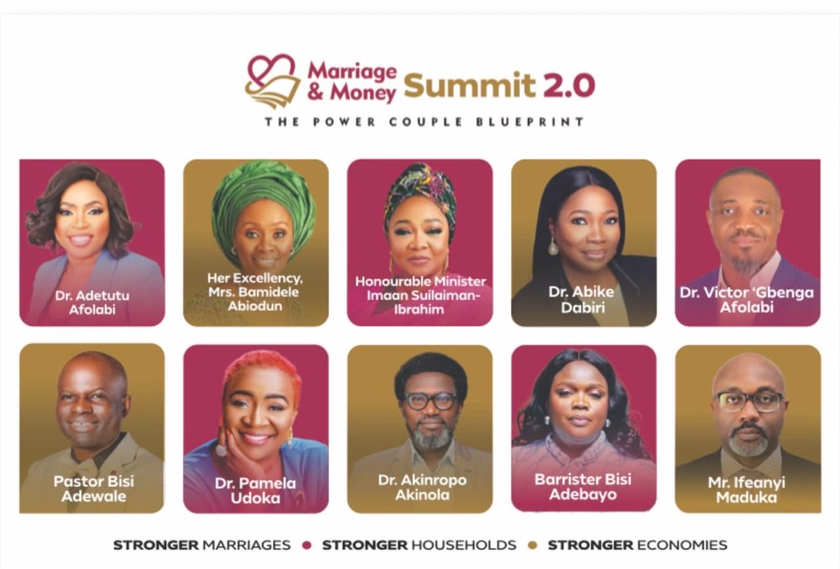vgafolabi's tweet photo. Marriage and money are two conversations that can shape the strength of a home.

Today, I’ll be joining other distinguished speakers at Marriage &amp; Money Summit 2.0 as we explore practical conversations around building stronger marriages, stronger households…. https://t.co/KH8A09vYb9