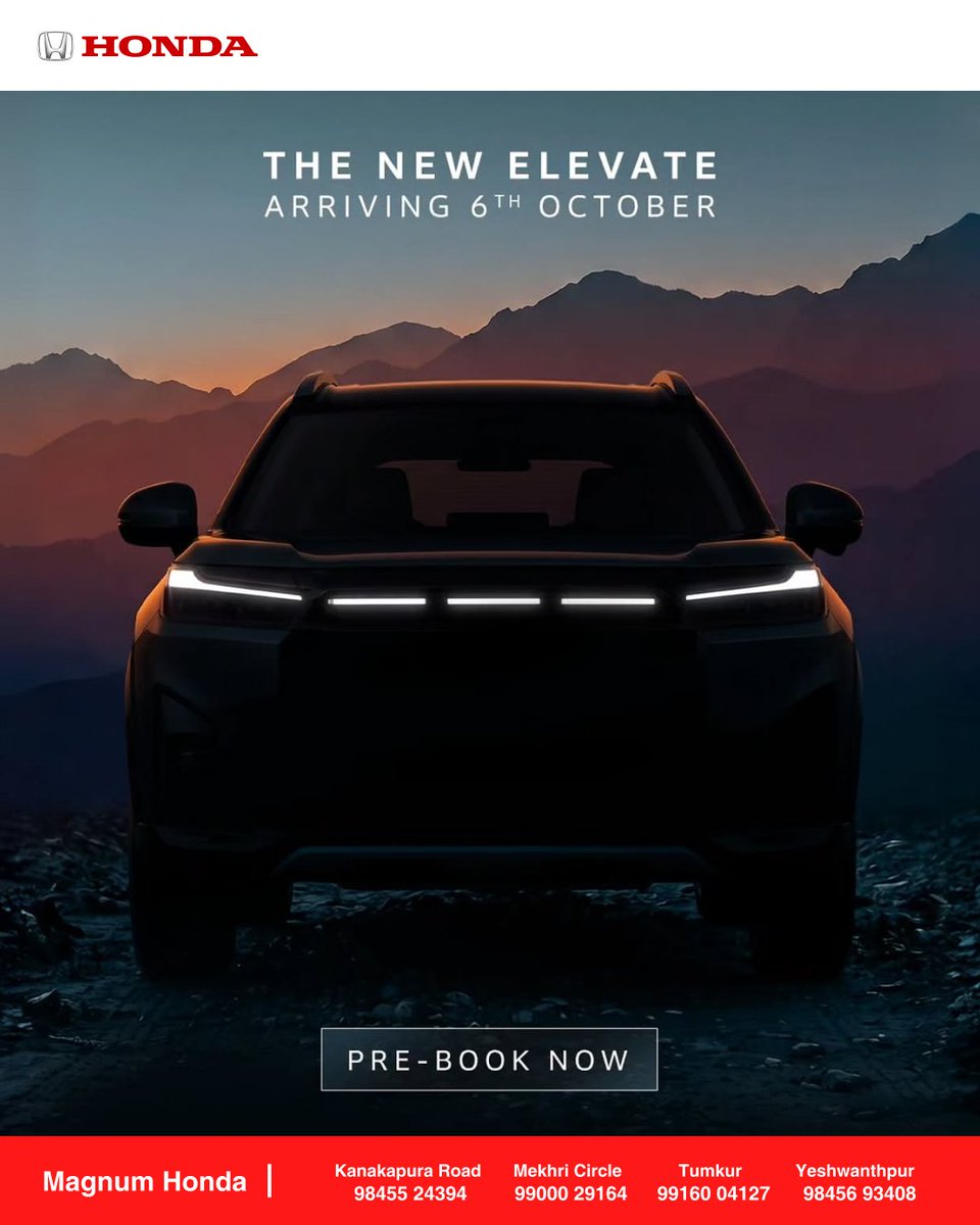 Hondacardealer's tweet photo. A new road. A new adventure.
It's time for a new exploration.
The New Honda Elevate. Arriving 6th October. Pre-book now!

https://t.co/bSuEdRRY17

#NewElevate #NewElevateLaunch #PreBook #Launch #HondaCarIndia #Elevate #Honda https://t.co/hSv3ZerXdE