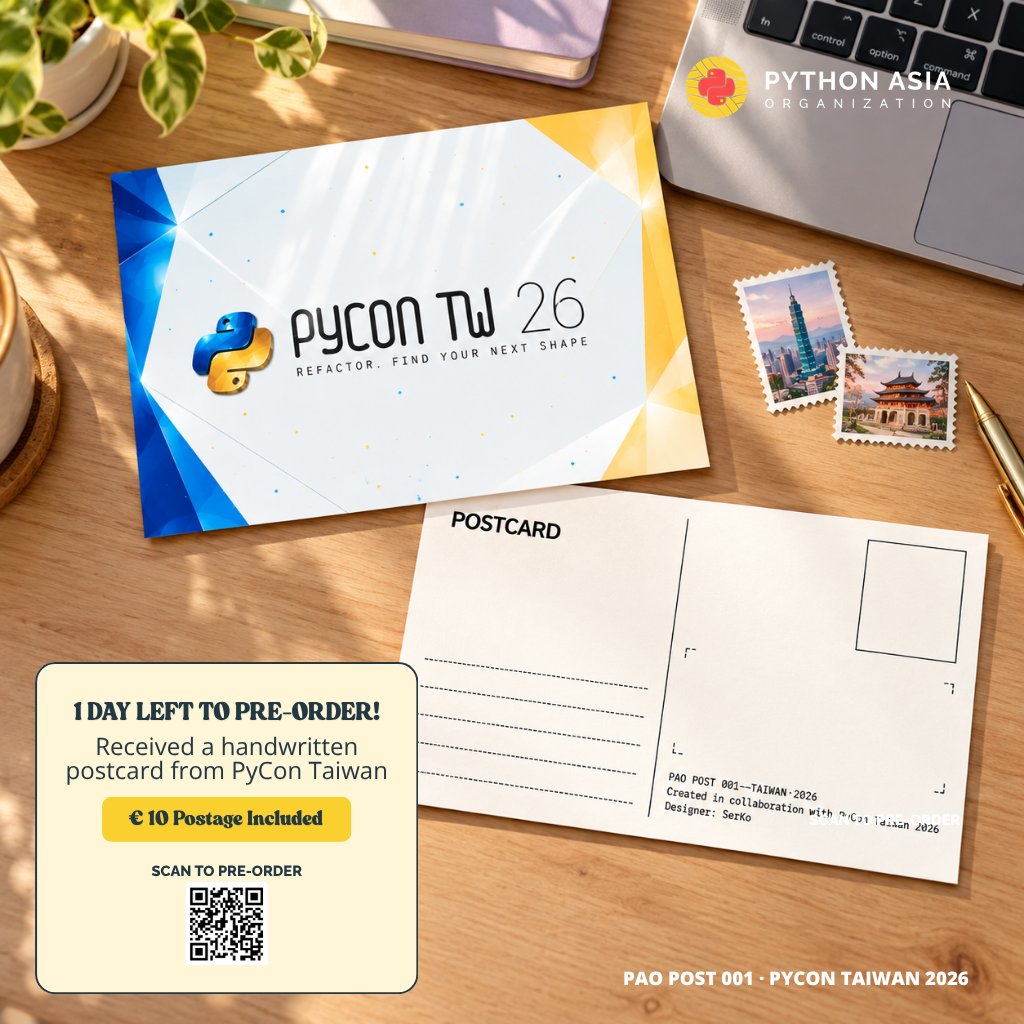 PythonAsiaOrg's tweet photo. There’s only one day left to pre-order the first edition of PAO Post. 💌🐍

Get a handwritten postcard from @PyConTW, mailed from Taiwan to you.

€10, postage included. Pre-orders close Oct 4 at midnight.

https://t.co/w0NviJxQkr

#PAOPost https://t.co/H0wr4UJsRA