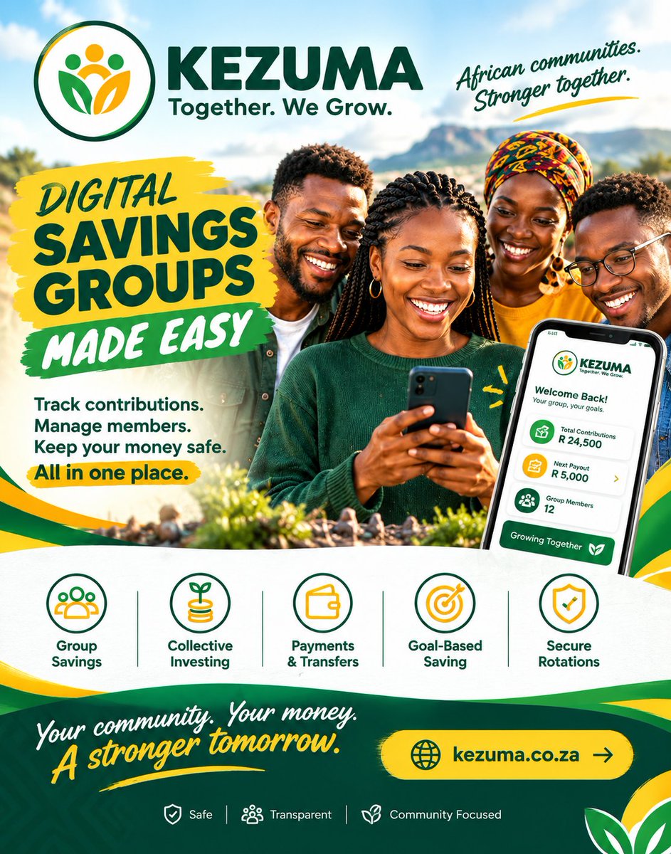 KezumaSA's tweet photo. Run your stokvel like a proper business.

Track contributions, secure rotations, protect every member's money. No more torn notebooks or WhatsApp disputes.
https://t.co/g4xBEQqDb3

#KEZUMA #Stokvel #Savings #RotationalStokvel #SouthAfrica #FinancialPlanning #CommunitySavings https://t.co/jClxF7hoU7