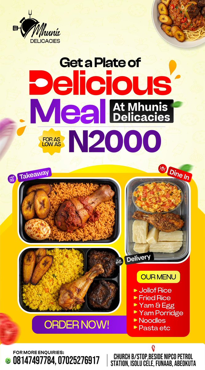 plans39763's tweet photo. FUNAABITEs…Are you Hungry? Don’t stress it 😋🍽️

Grab a delicious plate from Mhunis Delicacies for as low as ₦2,000! 🤤🔥

And yes, they deliver straight to you 🚴🏽‍♀️💨

📍Find them at  isolu cele, FUNAAB, ABEOKUTA.

Good food, affordable price, zero stress. Your taste buds will thank you 😮‍💨❤️

#mhunisdelicacies #Foodie #FoodPlug #funaabstudents #AffordableFood