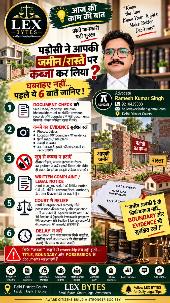 lexbyts's tweet photo. 🏠 पड़ोसी ने आपकी जमीन/रास्ते पर कब्जा कर लिया? ⚠️ पहला कदम क्या होना चाहिए?

#LexBytes #PropertyDispute #LandDispute #Encroachment #LandEncroachment #PropertyLaw #PropertyRights #LegalAwareness #KanooniJankari #IndianLaw #CivilLaw #Injunction #Possession #LandRights #DelhiLawyer https://t.co/FtkaIfwe03