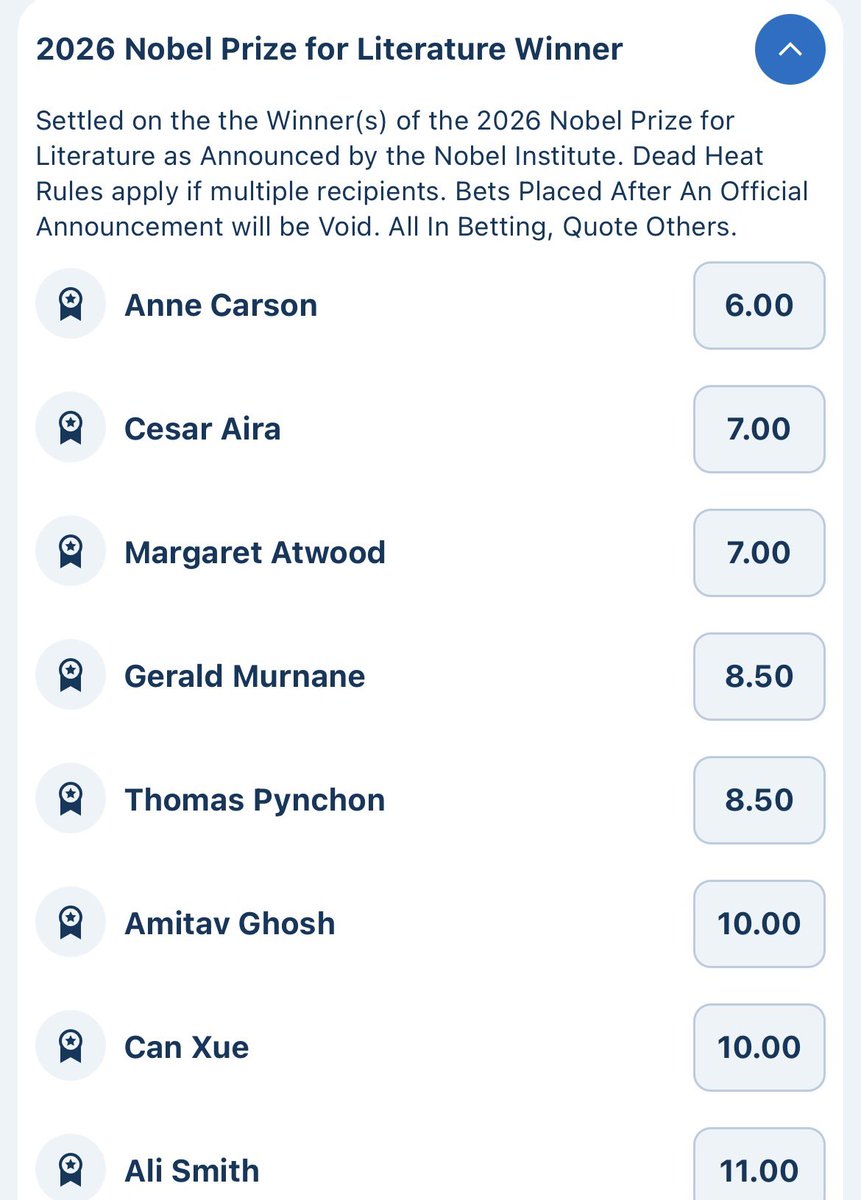 EleventhVolume's tweet photo. Anne Carson deserves it imo. If Murnane wins I’ll legally change my name to Gerald. https://t.co/MQudVNPaMV