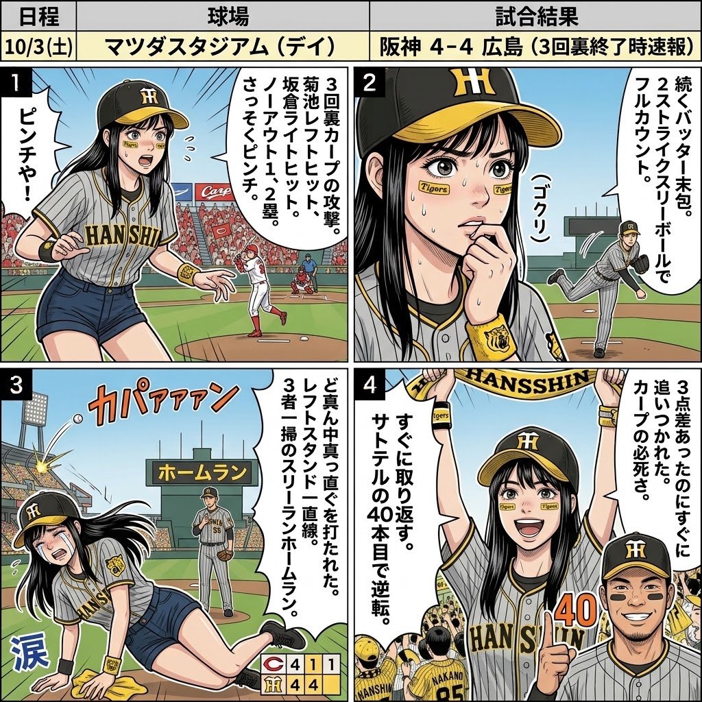 Good_hanshin's tweet photo. ３回裏速報　阪神４-4広島
10月3日(土)#阪神タイガース 対 #広島東洋カープ ＠ #マツダスタジアム
カープ打者:末包:レフト第2号同点スリーランホームラン
#NanoBananaPro #4コマ漫画 #速報 #tigers #阪神タイガース #AIart https://t.co/sWFy4JdaZ8