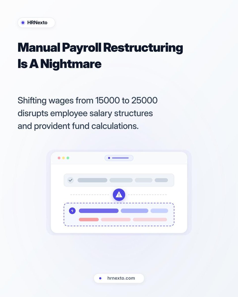 marsysgroup's tweet photo. Before: Rs 15000 cap. Now: Rs 25000.

The EPFO wage ceiling revision impacts salary structures. Automate compliant payroll with HRNexto across 70+ modules.

Book a free demo: https://t.co/4mBFTzxZLG https://t.co/SfNGwyobuO