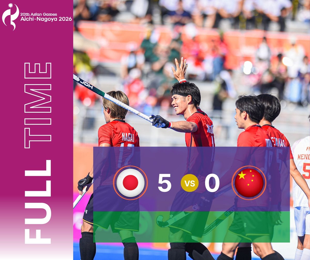 asia_hockey's tweet photo. 🏑🔥 FULL TIME!

🇯🇵 Japan 5–0 China 🇨🇳

Japan finish the match with a strong 5–0 victory in the Men’s Hockey Competition at the 20th Asian Games Aichi-Nagoya 2026! 🏆🇯🇵

A commanding performance from Japan, featuring solid teamwork, attacking quality, and clinical finishing! https://t.co/bo5wWoj7pA