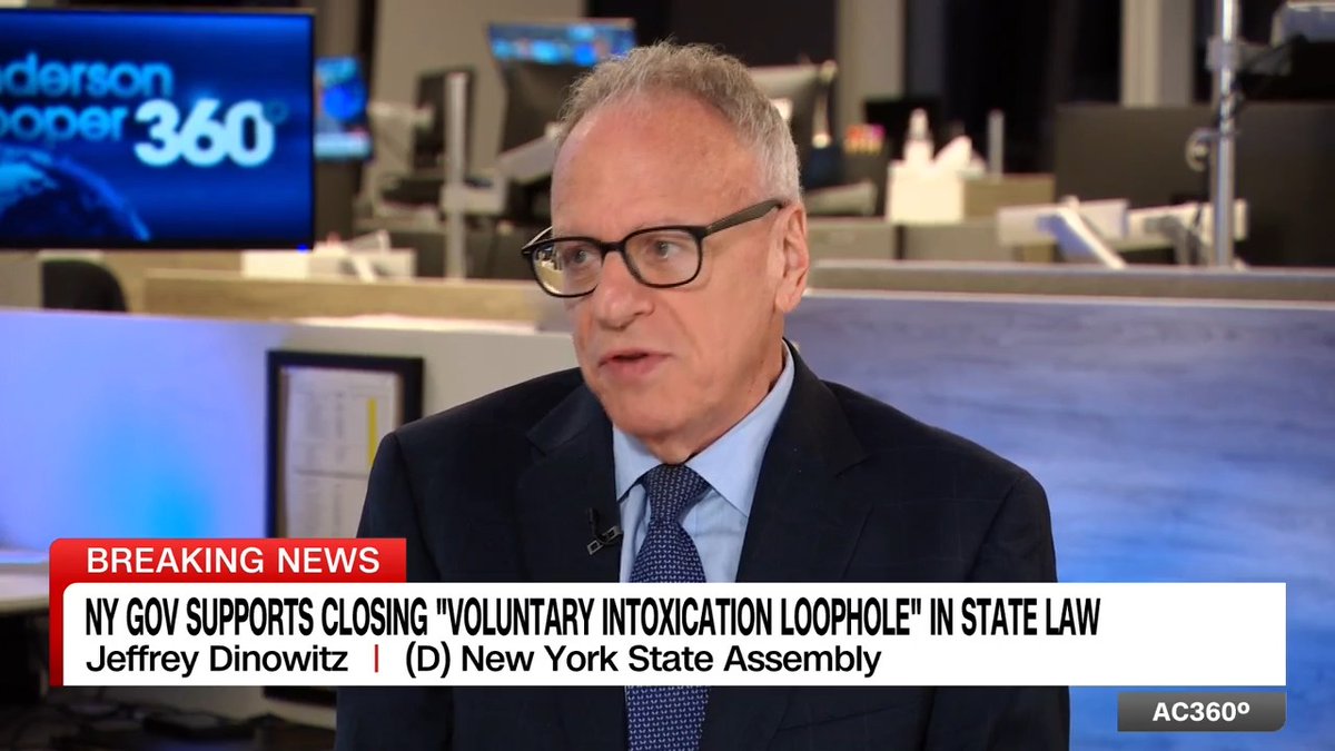Jeffrey Dinowitz, a New York State Assembly Democrat, appears on Anderson Cooper 360° in a breaking news segment discussing his support for closing the "voluntary intoxication loophole" in state law. The on-screen graphic identifies him and the topic, which relates to proposed reforms in sexual-assault law.