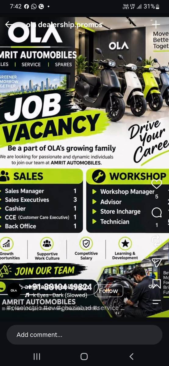 ramanatha_bhat's tweet photo. 🚨 NETWORK EXPANSION ,JOB CREATION & ERADICATING SERVICE BOTTLENECKS: Amrit Automobiles Hires Across NCR for Ola Electric! 🛵⚡💼

​The ripple effect of domestic EV expansion in full motion! Amrit Automobiles—an established Ghaziabad automotive player (transitioning from ICE parts/CNG conversion)—is staffing up aggressively as an authorized Ola Electric 3S Dealer:

​🔹 Customer Service First: Dedicated hiring for Workshop Managers, Service Advisors, Store In-charges & EV Technicians—directly fixing turnaround times and spare parts availability on ground!
🔹 Local Employment Boom: Openings across Sales, Customer Care (CCE), Cashiers, and Back Office operations.
🔹 Triple Win:
• Dealers: Sustainable, high-volume EV business model.
• Consumers: Accessible 3S sales and reliable local workshop support.
• Youth: High-quality green-collar technical and retail careers.

​📍 Location: Ghaziabad, NCR (UP)
​Real execution doesn't just sell vehicles—it builds local enterprise and creates real-world jobs! 🇮🇳🚀
​cc: @bhash @OlaElectric
#OlaElectric #Ghaziabad #EVRevolution #GreenJobs #MakeInIndia #AutoRetail #Employment #ElectricMobility