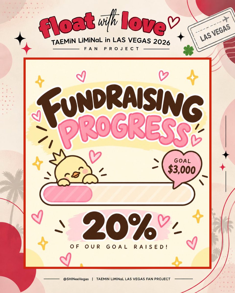 SHINeeVegas's tweet photo. 💛 We’re 20% there! 💛

The Vegas reschedule gives us more time to fundraise. We need your help to reach our $3,000 goal! 

Funds first support our Vegas projects. Any remaining funds will help other LiMiNaL stops in need. 🫶

Every little bit helps!
Same love, bigger tomorrow. https://t.co/mzqVtuObXn