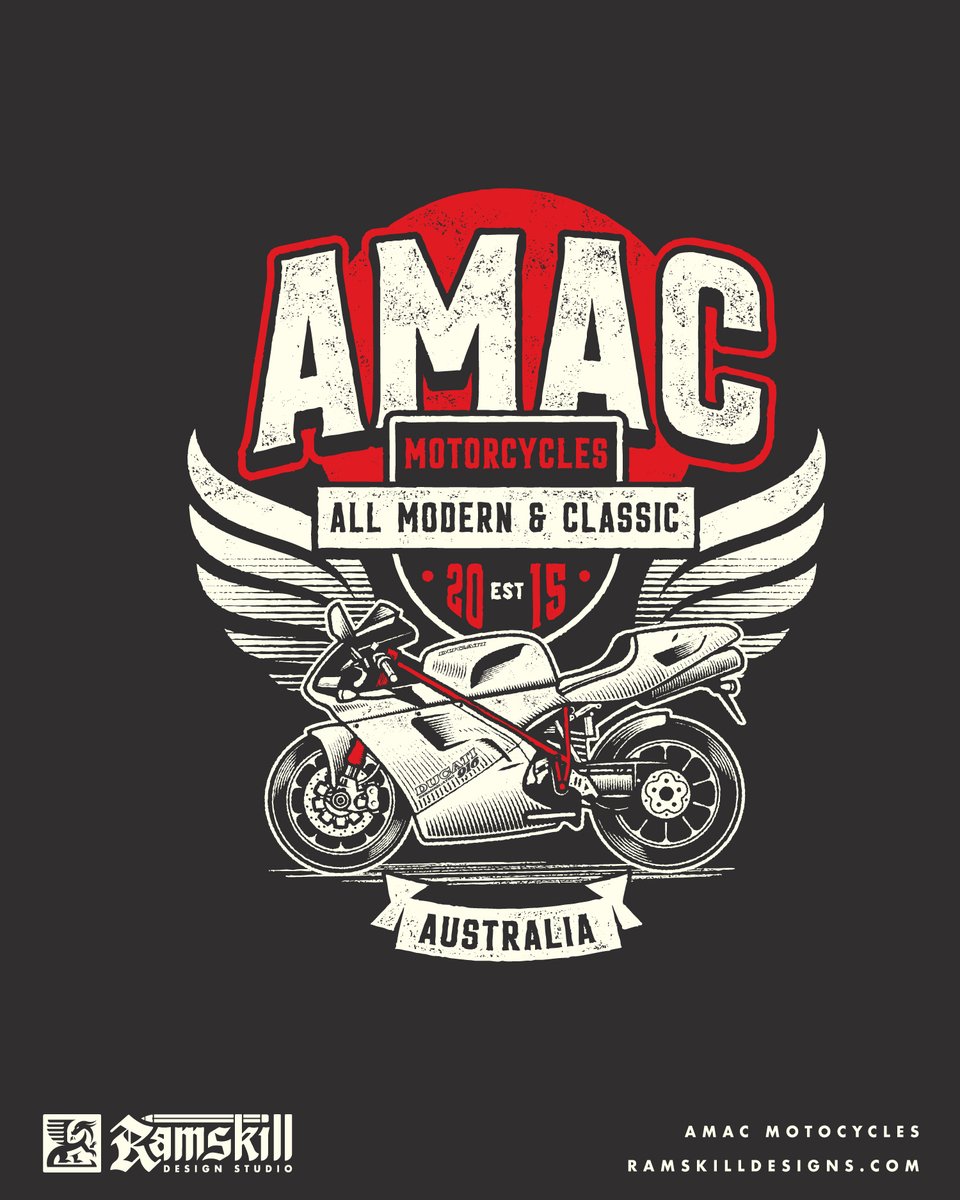 philustrations's tweet photo. AMAC Motorcycles: all modern, all classic, all Aussie ๐๏ธ Designed for a motorbike workshop in Cairns that decided they wanted to look stylish!
#tshirtdesign #illustratedmerch #merchdesigner https://t.co/8dt7uEmrBW