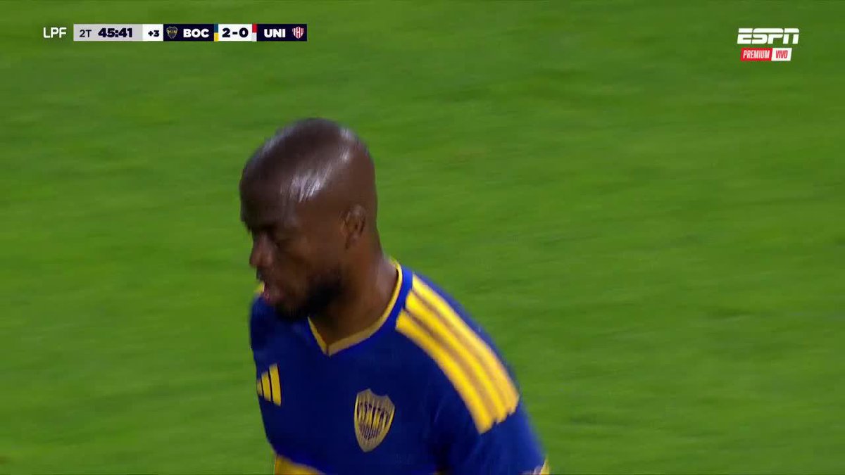 A broadcast screenshot of an ESPN soccer match between Boca Juniors (BOC) and Unión (UNI) shows Boca leading 2-0 late in the 2nd half stoppage time (45:41 +3), with a Boca player in a blue and yellow jersey visible in the foreground.