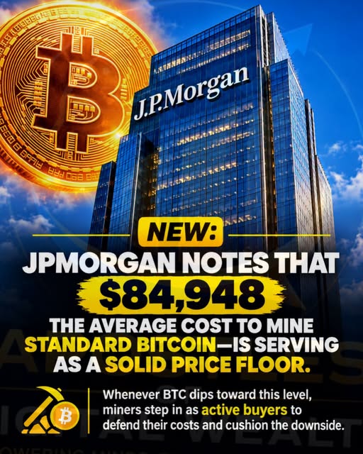 hercules69x's tweet photo. JPMorgan notes that $84,948 the average cost to mine standard Bitcoin is serving as a solid price floor.
Whenever BTC dips toward this level, miners step in as active buyers to defend their costs and cushion the downside. 📷 https://t.co/aKFMFZ3b1u