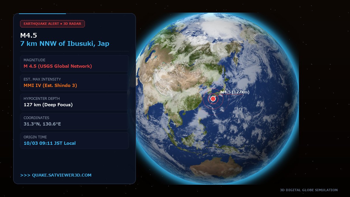 quakeviewer3d's tweet photo. Real-Time Earthquake Alert: M4.5 🚨
A light magnitude 4.5 earthquake has struck 7 km NNW of Ibusuki, Japan.

Recorded at 127 km depth • 10/03 09:11 JST (00:11 UTC).

Track live 3D globe (link in bio) 👆
#Earthquake #Japan #Ibusuki https://t.co/SaJdIdg3ZL