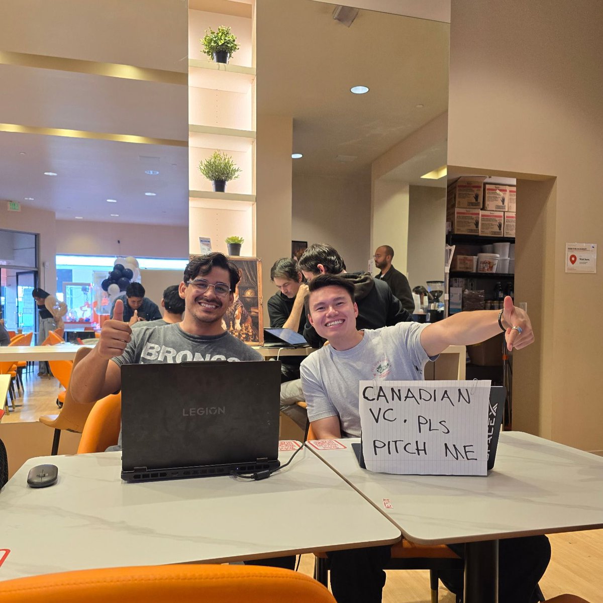 chanxlucas's tweet photo. What happens when two 🇨🇦 VCs fly to SF?

Me and Alejandro Pereda from @forumventures posted up at a corgi cafe with a handwritten sign. CANADIAN VC. PLS PITCH ME. https://t.co/UWMxnh2BjZ