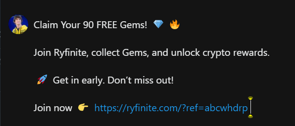 AryoD89158's tweet photo. Claim Your 90 FREE Gems! 💎🔥

Join Ryfinite, collect Gems, and unlock crypto rewards.

🚀 Get in early. Don’t miss out!

Join now 👉 https://t.co/LBojN4NPLW https://t.co/79SGfNAms7