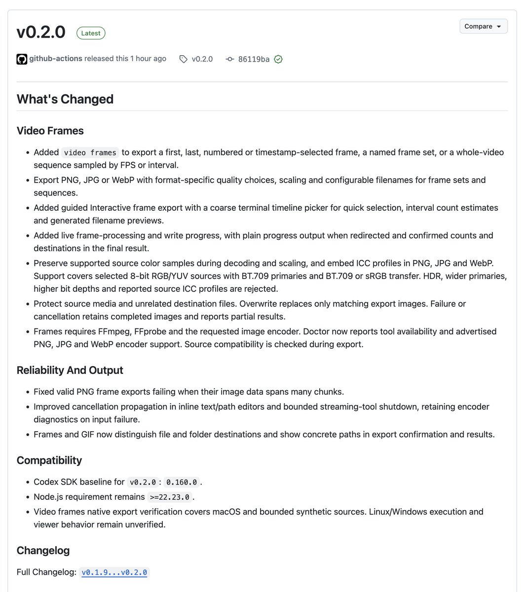 nakolus's tweet photo. cdx-chores v0.2.0 is out 🎉

New feature: `video frames`

Pick by timeline, frame number, or timestamp, or export sequences by FPS/interval.

Now built on Codex SDK 0.160.0

PNG | JPG | WebP https://t.co/yp9ervVuXu