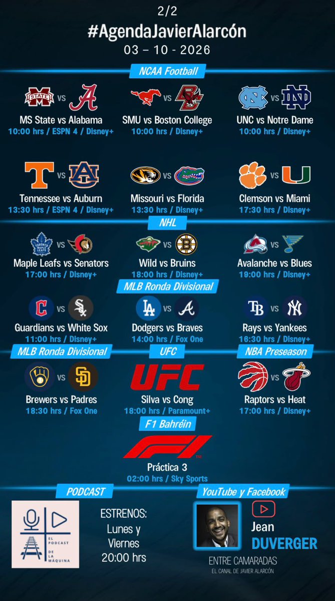 Javier_Alarcon_'s tweet photo. #AgendaJavierAlarcon | #ExpansiónMX #LigaFemenilBBVA #UEFANationsLeague #NHL #NCAAFootball #MLB #NBA #F1 #BahrainGP #UFC332 #EntreCamaradas https://t.co/iGLjY6bdpk