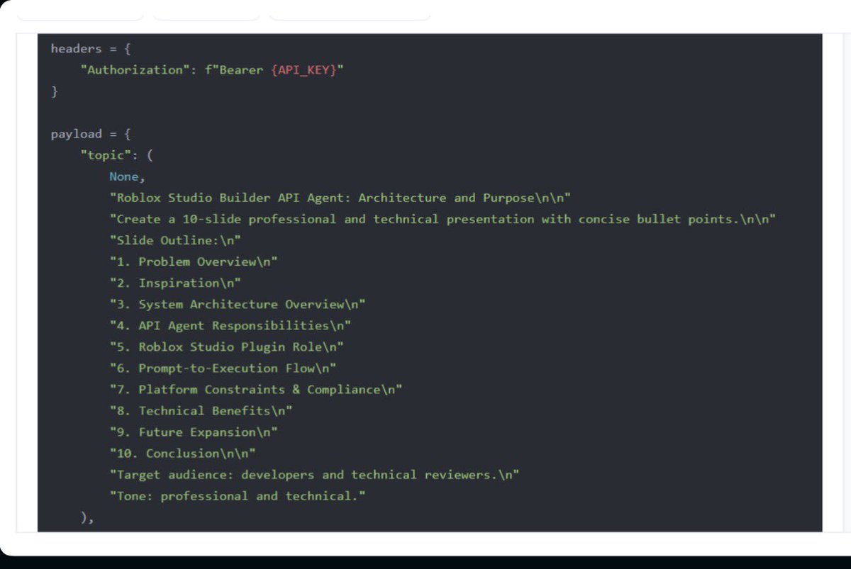 kellyondev's tweet photo. Early in my developer journey, I built a PresentMeAPI submission—an API-driven agent that converts natural-language prompts into structured, executable workflows for game dev.

It became my first hackathon-winning build. 🏆 

 #AIAgents #LLMDev #APIs https://t.co/E4SXzNd2aR