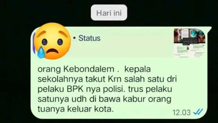 Syafirrasy's tweet photo. 🚨 ALERTA 🚨
Untuk warga Surabaya, Mohon bantu Up!

Yang anak baju hitam itu adalah salahsatu dari tiga pelaku perundungan di SDN 01 Kebondalem, Pemalang. Yang saat ini dibawa kabur oleh keluarganya ke Surabaya.

Jangan kasih ruang untuk pelaku perundungan . https://t.co/2oe7ci2qph