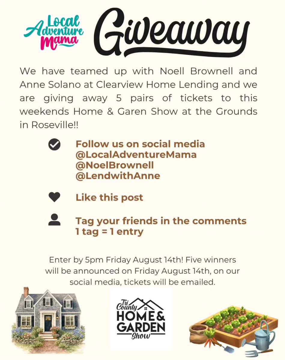 Marcio_Caje09's tweet photo. Home &amp; Garden Show Giveaway! Five winners will each receive a pair of tickets. To enter: Like, tag a guest, follow our page and Clearview Home Lending, and share for an extra entry. Ends Friday, August 14 at 5 PM. Digital tickets only. https://t.co/fmFymeDewM