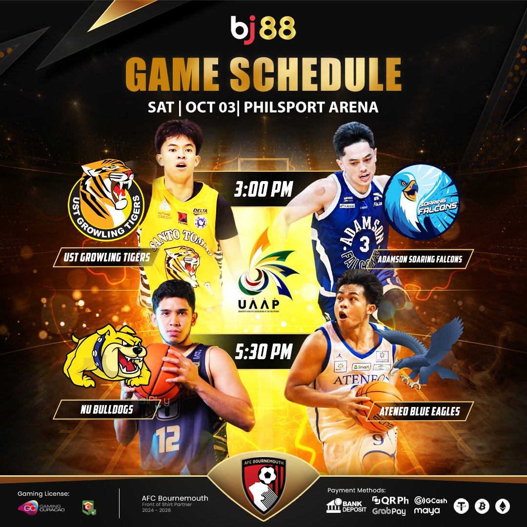 BJ88PHP's tweet photo. GAME DAY IS HERE🔶

GAME DAY IS ON! 🏀🔥

Catch the action this Saturday at Philsport Arena as the UST Growling Tigers face the Adamson Soaring Falcons, followed by NU Bulldogs vs. Ateneo Blue Eagles! 🏆🏀 https://t.co/E0LBKVEQVl