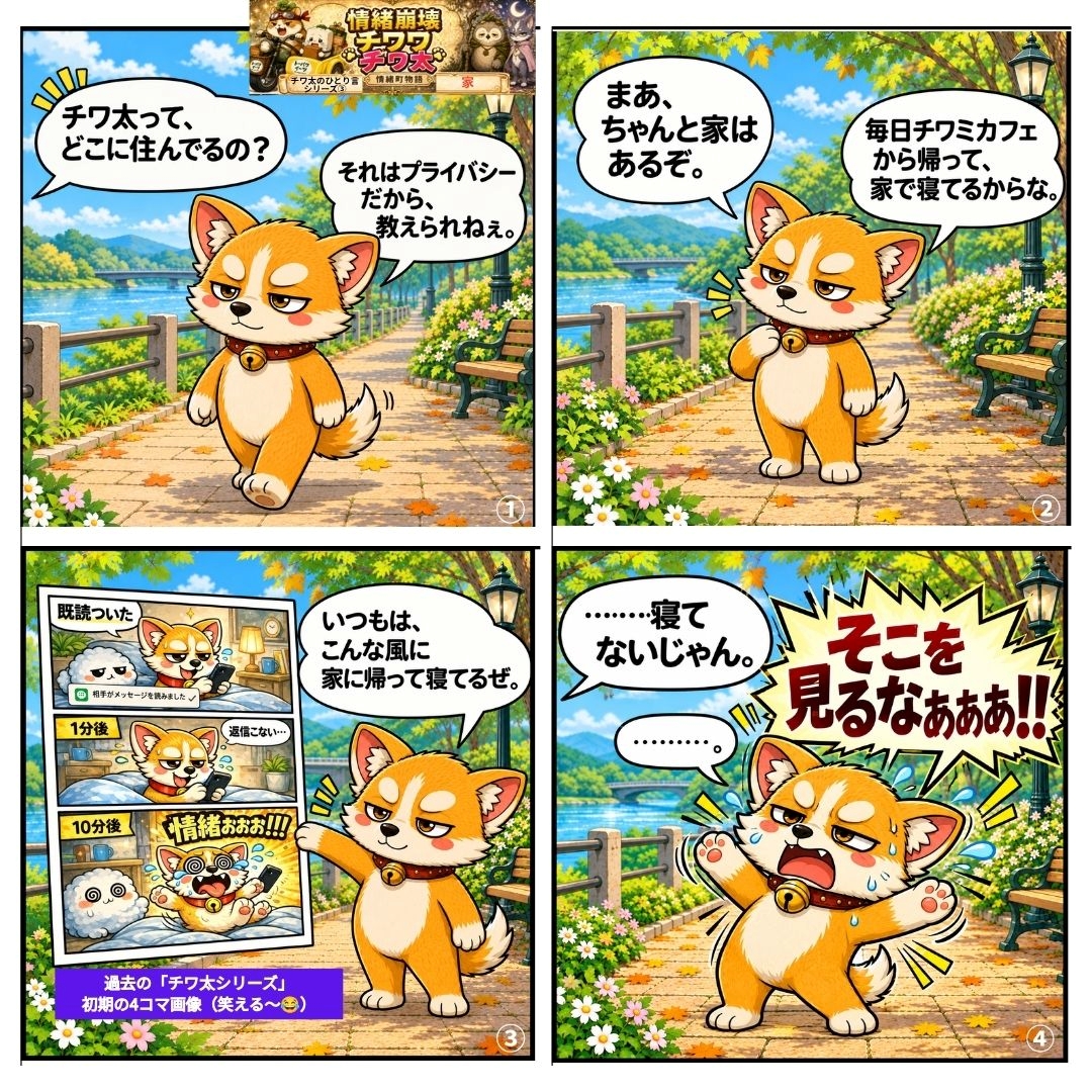 guuuden34's tweet photo. 情緒崩壊チワワ

見てほしくないところほど、見られちゃいますよね。😂

 チワ太  4コマ 

 チワ太のひとり言シリーズ③
       「家」

 情緒ぉぉぉ！！！ 

  #チワ太 #４コマ漫画 
#創作漫画 #オリジナルキャラクター https://t.co/FhJMNMpdg0