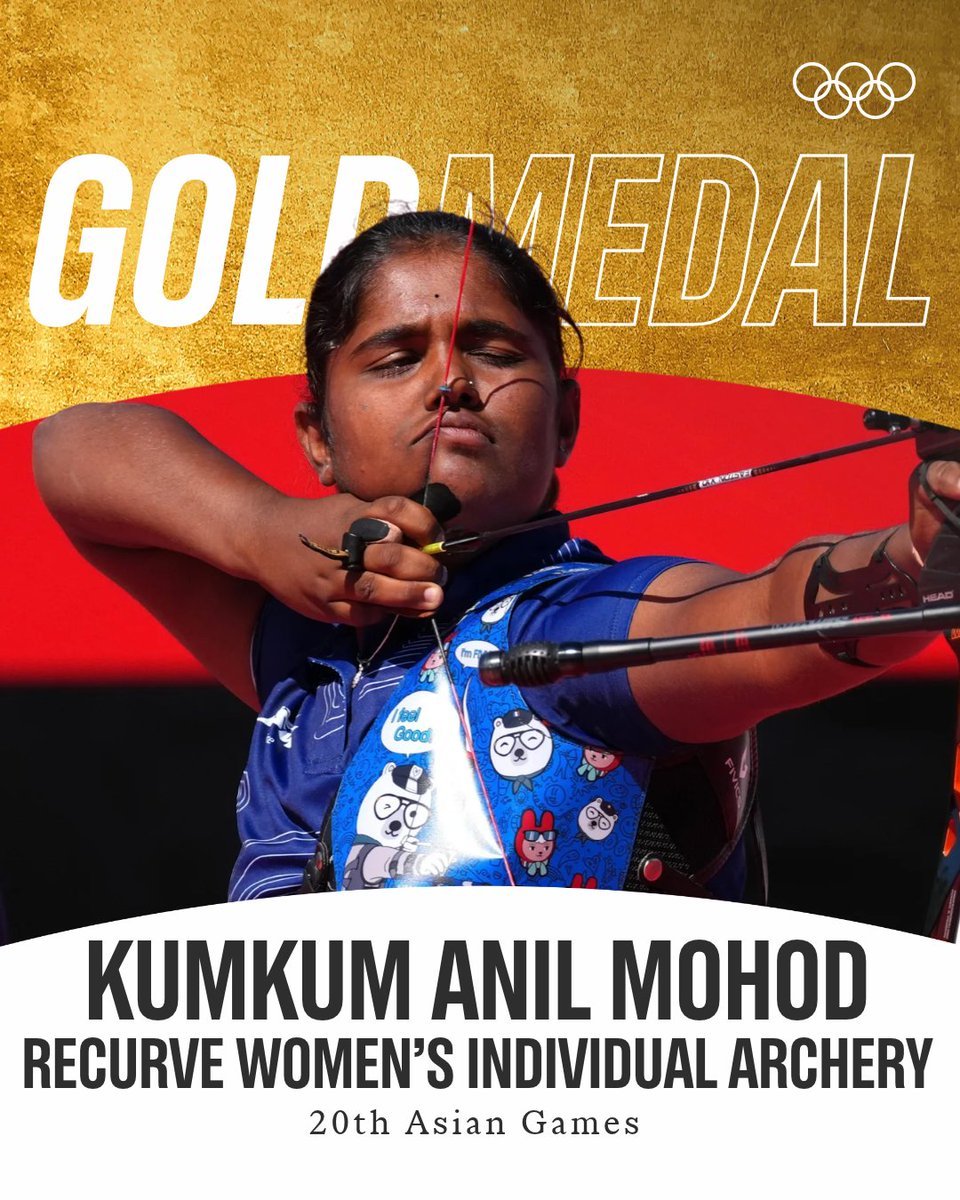 Fintech03's tweet photo. Kumkum Mohod and the 2 days Indian archery will never forget.

7x in a row. Since 1998, South Korea had won every women's team recurve gold at the Asian Games.

On 2 October 2026, they were shooting for an 8th.

Standing in the way was a 17 year old from Amravati, whose first bow had cost about ₹3,000.

Recurve is the Olympic style bow, the one whose limbs curve away from the archer at the tips. At the Games, archers shoot it at a target 70 metres away. The ten ring, dead centre, is about 12 cms wide.

Now imagine hitting that, with the whole country watching.

Kumkum Anil Mohod was born on 10 March 2009. In 2018, she was still a schoolgirl, not yet 10, when her mother, Rupali, saw a relative's daughter practising at an archery academy in Amravati, run by coach Prafull Dange. She thought Kumkum should try it.

The 1st bow was a wooden Indian bow. Her father calls it a bamboo bow. It was paid for with money her grandmother gave her.

6 months later, she won a silver medal at the sub-junior nationals.

Her father, Anil Manohar Mohod, makes cardboard boxes for sweet shops in Amravati. As the training costs grew, even the shared auto to the academy became too much. So he took her on his motorcycle.

A 2nd hand bow carried her for years. Later, the family bought a recurve bow from savings built up over time.

She made her international debut in 2025.

At the Asian Games in Aichi-Nagoya, India's women's recurve team of Kumkum, Ankita Bhakat and Kirti Sharma reached the gold medal match. India had never made that final before. Ankita had been on the team that won bronze at Hangzhou.

The last set went to the wire. Korea finished on 54. India had to match it. Kirti's arrow was first called an 8, and a review upgraded it to a 9.

Then came Kumkum's last arrow. It was a ten.

The set was tied. India beat South Korea 5-3, the first women's recurve team gold in the country's history.

The same day, she and Dhiraj Bommadevara took silver in the mixed team event.

The next morning

Today, she was back at the line. She beat Korea's Kang Chaeyoung, the reigning world champion, 6-4 in the quarterfinal. In the semifinal against China's Zhu Jingyi, the 2025 World Championships silver medallist, Zhu's last arrow was a 9. Kumkum needed a 10 to win.

She shot a 10, and won 6-2.

In the final, she faced another Korean, Oh Yejin. It went to 5-5, and to a shoot-off, one arrow each. Oh shot an 8.

Kumkum shot a 10.

She became the 1st Indian woman to win an individual recurve medal at an Asian Games, and it was gold. India's only earlier individual recurve medal at the Games was a silver, won by Tarundeep Rai in 2010. Her run to the final also earned India a country quota place for the 2028 Games in Los Angeles.

In two days, she had beaten Korea's team and two of Korea's archers.

Her father says her biggest dream is still ahead: the Olympics.

A man who makes boxes for other people's sweets. A grandmother's savings. A motorcycle that carried a little girl and her bow to practice. A bow made of bamboo.

And a girl who, when a semifinal needed a 10, shot one, and when gold came down to a single arrow, shot another.

Pic Courtesy: OlympicKhel