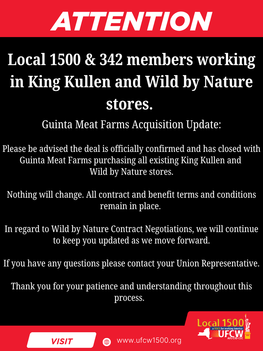UFCW1500's tweet photo. Attention Local 1500 &amp; 342 members working in King Kullen and Wild by Nature stores.   Guinta Meat Farms Acquisition Update: https://t.co/ZkkG6y6D0m