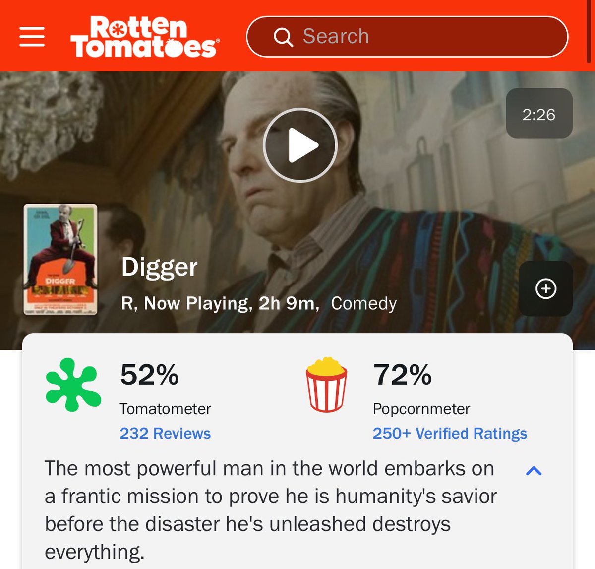 MoviesThatMaher's tweet photo. The Rotten Tomatoes 🍅 Audience score for #DIGGER has been rising all day.

It now sits at 72% after over 250+ reviews. https://t.co/s0TejdlaLf