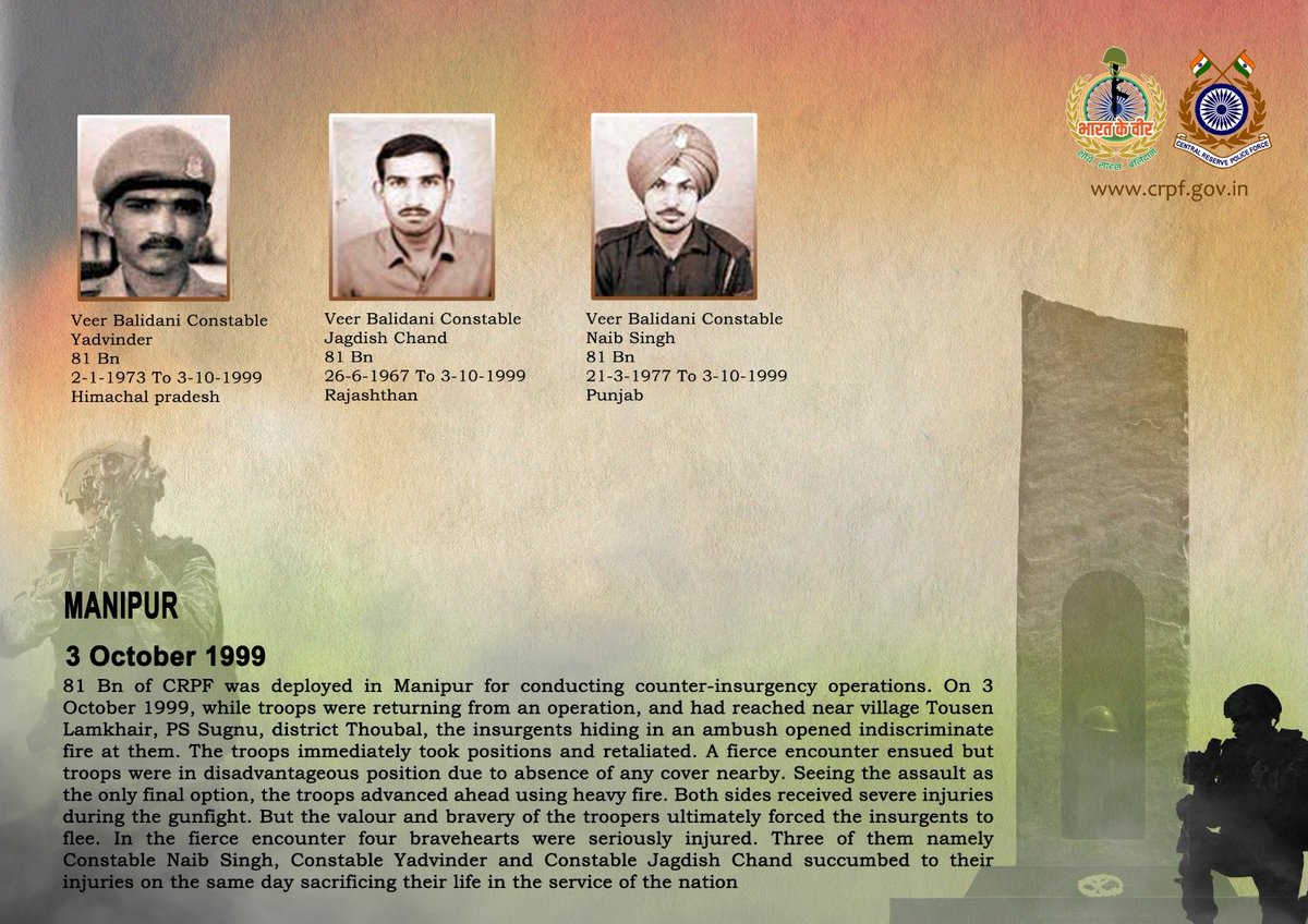 crpfindia's tweet photo. DG and all Ranks of #CRPF pay solemn tribute to three brave troopers of 81 Bn CRPF, who made the supreme sacrifice after sustaining severe injuries while valiantly fighting against insurgents during a fierce encounter in Manipur, on 3 October 1999. #CRPF salutes the bravehearts and pledges never to let their sacrifice go in vain.

#LestWeForget
🇮🇳 #Bharat_Ke_Veer 🇮🇳