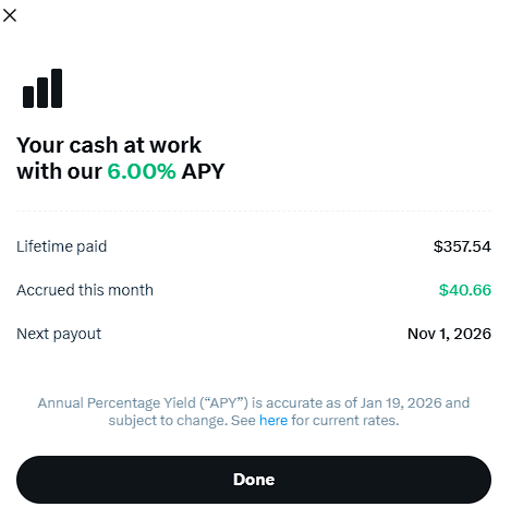96BRAVO1's tweet photo. So I got my first X Money interest payout this week.  If you want to give yourself a raise, just send your paychecks and any funds to X Money.  It's simple, fast and very reliable so far.  I've had it for just under a month and already can't live without it.  It's time to start dropping in every dime I can find.  @XMoney @elonmusk Thanks Elon!