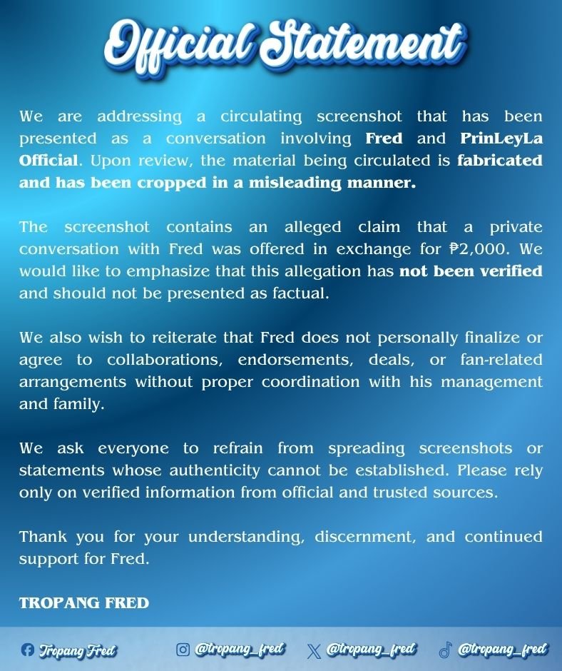 tropangfred's tweet photo. | 𝐎𝐅𝐅𝐈𝐂𝐈𝐀𝐋 𝐒𝐓𝐀𝐓𝐄𝐌𝐄𝐍𝐓 |

We are addressing the circulating fabricated conversation to set the record straight.

 Kindly take the time to read our official statement and help prevent the further spread of false information.

Thank you!

#fredmoser | #tropangfred https://t.co/m2Jd6Fih0N