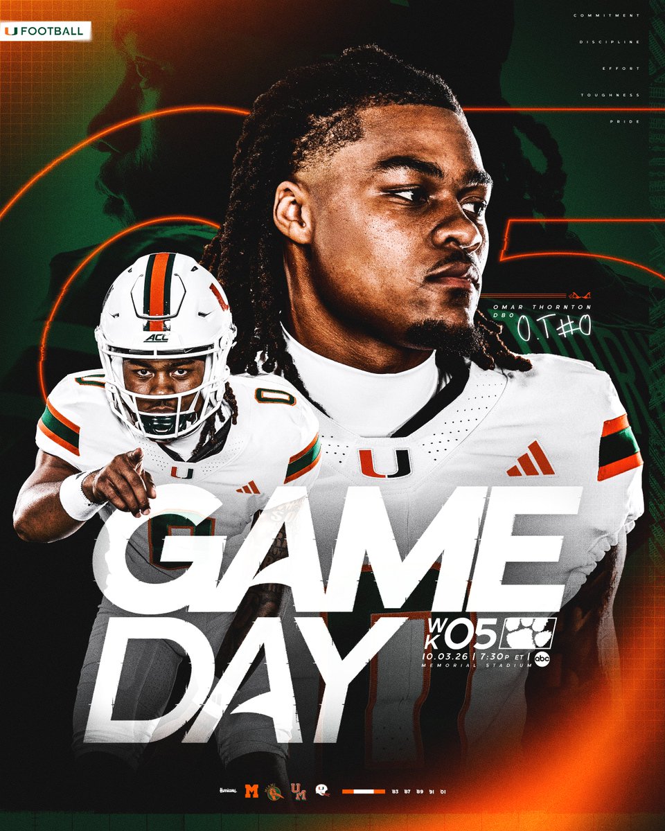 CanesFootball's tweet photo. Hey Canes Family...it's GAME DAY! 🙌

🆚: Clemson 
📍: Clemson, SC 
⏰: 7:30 PM ET 
📺: ABC  
📻: @1043wqam https://t.co/Saq29HL4fp