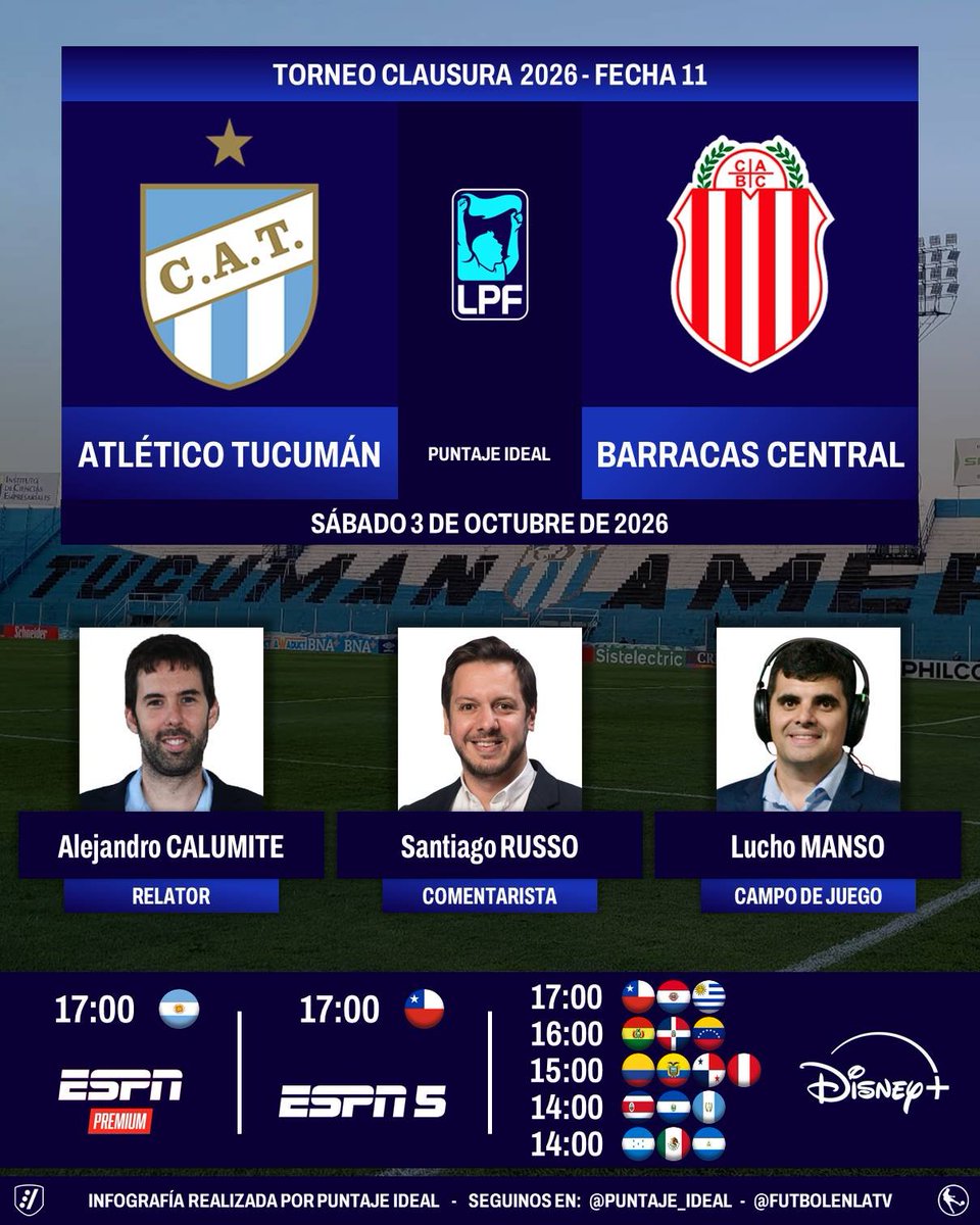 Puntaje_Ideal's tweet photo. ⚽ #TorneoClausura2026 🇦🇷 | #AtléticoTucumán vs. #BarracasCentral 
🎙️ Relator: @alecalumite
🎙️ Comentarista: @SantiRusso
🎙️ Campo de juego: @luchomanso
📺 #ESPNPremium 🇦🇷
📺 #ESPN5 Chile 🇨🇱
💻📱 @disneyplusla Latam (❌🇦🇷)
🤳 #LPFxESPN - #PackFutbol - #DisneyPlus
Dale RT 🔃 https://t.co/2d4aFJsQvl