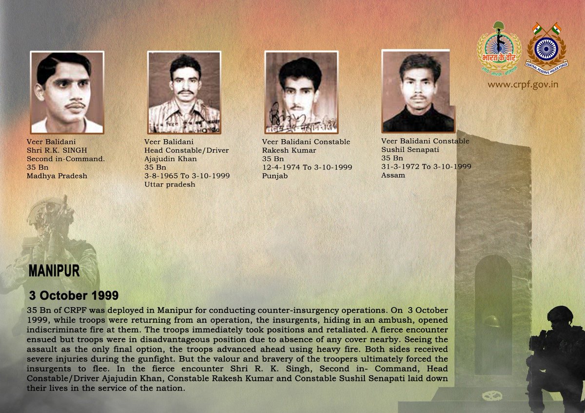 crpfindia's tweet photo. DG and all Ranks of #CRPF pay solemn tribute to 4 brave troopers of 35 Bn, who made the supreme sacrifice while countering an ambush by insurgents in Manipur on 3 October 1999. #CRPF salutes the bravehearts and pledges never to let their sacrifice go in vain.

#LestWeForget
🇮🇳 #Bharat_Ke_Veer 🇮🇳