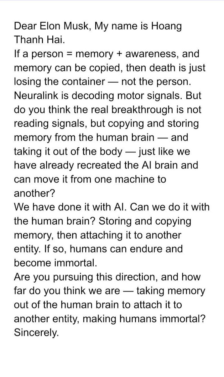bagiahanh's tweet photo. @elonmusk @SpaceX Elon, what I'm about to say could change how humanity defines death. Please read for 30 seconds. https://t.co/fVtfTypH5y