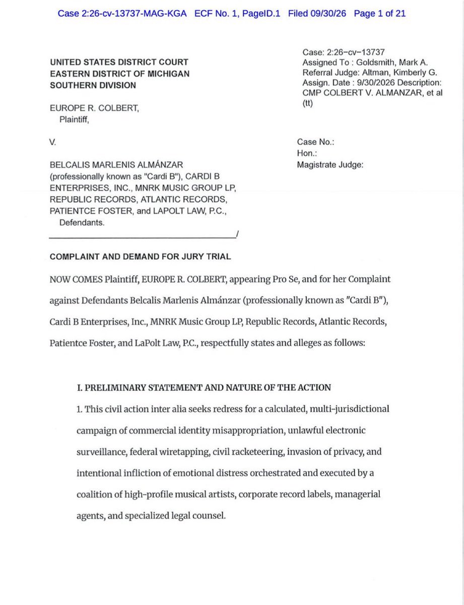 VPENEWS's tweet photo. 🚨 Cardi B Hit With New Lawsuit Alleging Identity Theft and Surveillance

Cardi B is facing a new federal lawsuit filed September 30 in Michigan. Pro se plaintiff Europe R. Colbert accuses the rapper, her company, record labels, manager, and lawyers of commercial identity misappropriation, electronic surveillance, wiretapping, civil racketeering, invasion of privacy, and intentional infliction of emotional distress.