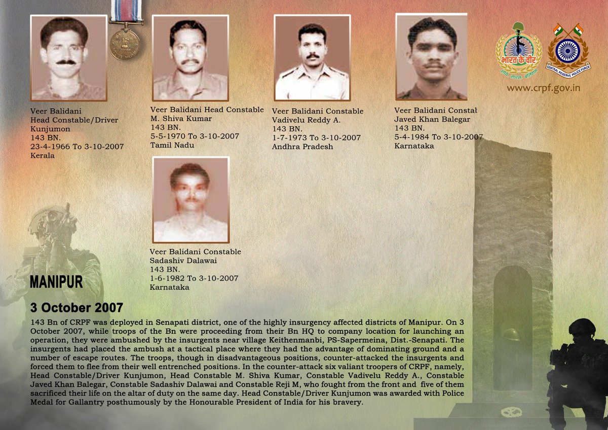 crpfindia's tweet photo. DG and all Ranks of #CRPF pay solemn tribute to 5 valiant troopers of 143 Bn, who made the supreme sacrifice while bravely countering insurgents during an ambush in Senapati district, Manipur, on 3 October 2007. #CRPF salutes the bravehearts and pledges never to let their sacrifice go in vain.

#LestWeForget
🇮🇳 #Bharat_Ke_Veer 🇮🇳