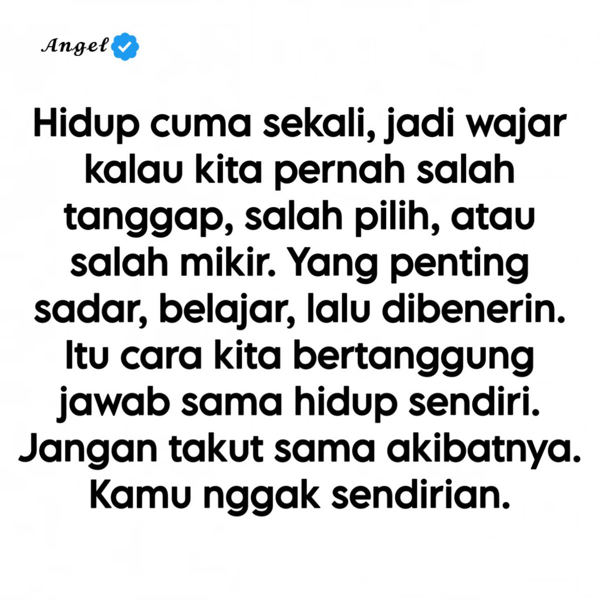 16angelbee's tweet photo. Hidup cuma sekali, jadi wajar kalau kita pernah salah paham, salah pilih, atau salah mikir. Ga ada orang yang langsung benar dari awal. Kadang kita baca situasi keliru, kadang ikut perasaan yang ternyata nggak pas, kadang ambil keputusan yang baru keliatan akibatnya belakangan. Yang penting bukan pura-pura ga pernah salah, tapi sadar, belajar, lalu dibenerin. Itu cara kita tanggung jawab sama hidup sendiri.

Jangan takut sama akibatnya. Setiap pilihan memang ada harga yang harus dibayar, entah waktu, perasaan, atau kesempatan yang sudah lewat. Tapi akibat itu bukan akhir. Kamu ga sendirian. Banyak orang juga pernah di posisi yang sama, cuma ga semua mau cerita. Yang bikin berat biasanya bukan salahnya, tapi rasa mau disembunyiin terus sampai jadi beban sendiri.

Tarik napas, perbaiki pelan-pelan, lalu jalan lagi. Ga harus langsung beres dalam semalam. Cukup benahi yang masih bisa dibenahi, minta maaf kalau memang perlu, lalu jangan ulang hal yang sama. Hidup ga nunggu kita sempurna. Hidup cuma nunggu kita berani lanjut, dengan diri yang sedikit lebih jujur dari kemarin.