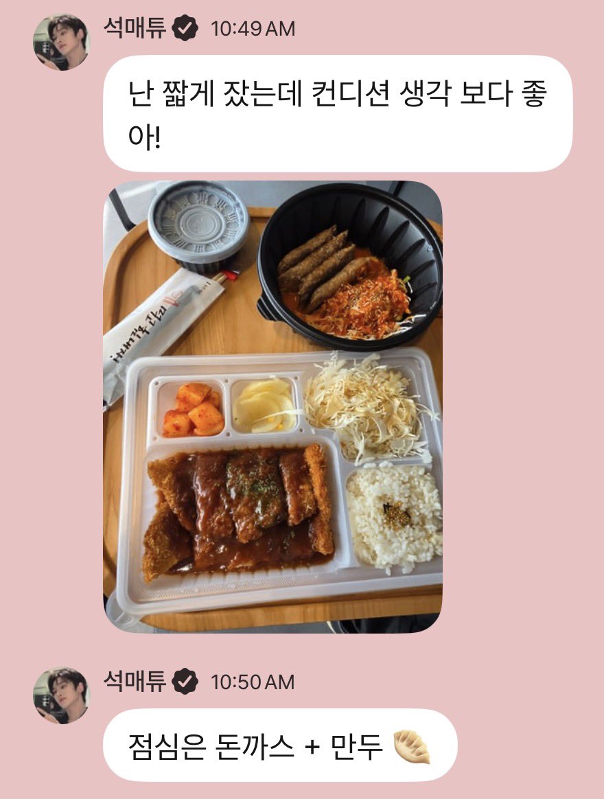 528text's tweet photo. 261003 🦊💬 11:49 AM KST

🦊 i slept for a short time but my condition is better than i thought!
🦊 *pic*
🦊 lunch is pork cutlet + dumplings 🥟 https://t.co/feqeb5PskS