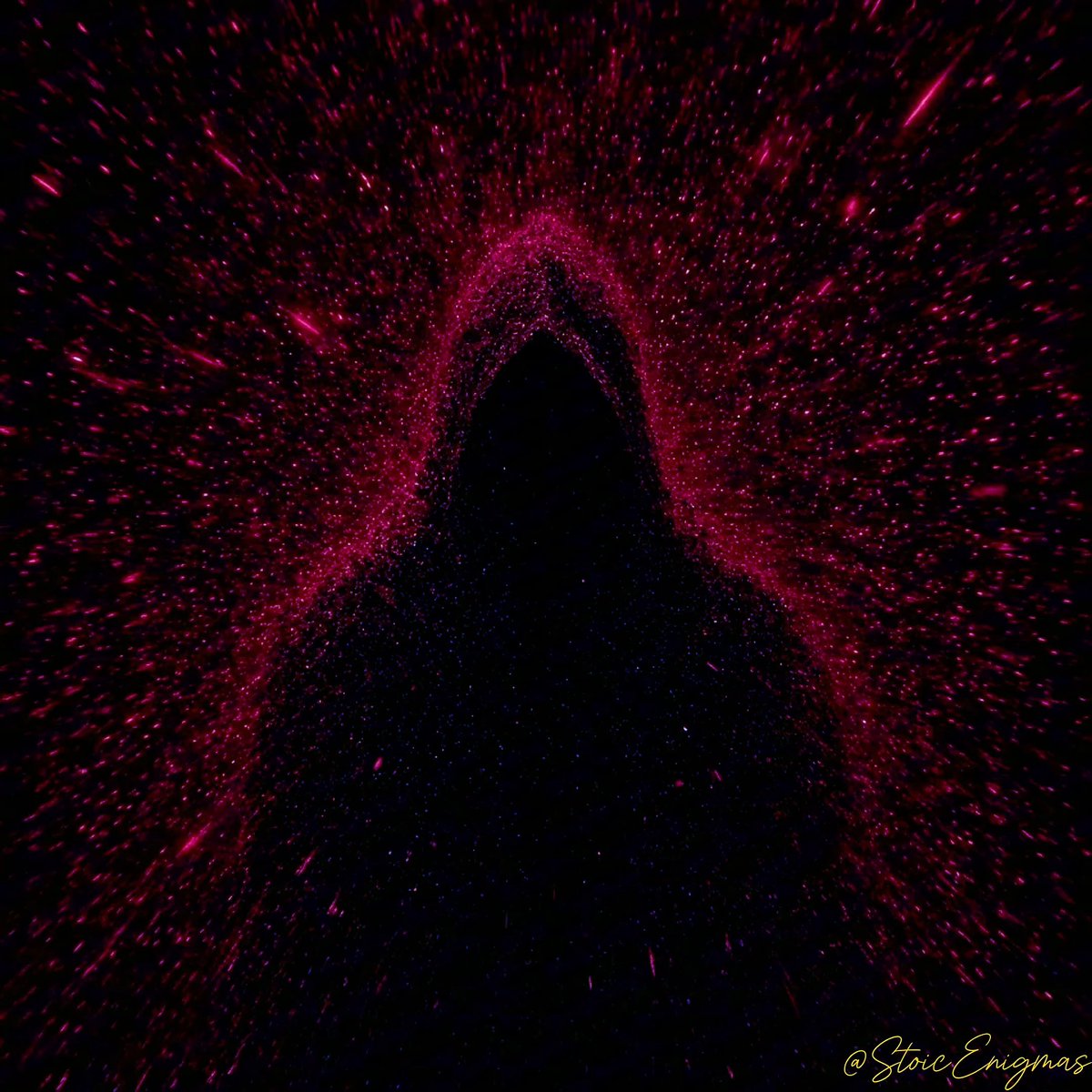 A hooded figure stands silhouetted against a vibrant explosion of magenta and pink particles radiating outward into the darkness. The "@StoicEnigmas" watermark appears in the lower right corner. The image visually echoes the post's message of introspection, with the figure facing the bright, chaotic burst as if confronting the inner turmoil one must stop fleeing from.