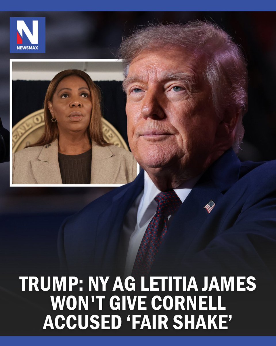 NEWSMAX's tweet photo. President Donald Trump said Friday that he doesn’t believe the seven former Cornell University fraternity brothers accused in a lawsuit of raping a fellow student will get a “fair shake” now that state Attorney General Letitia James has been appointed special prosecutor by Gov. Kathy Hochul.