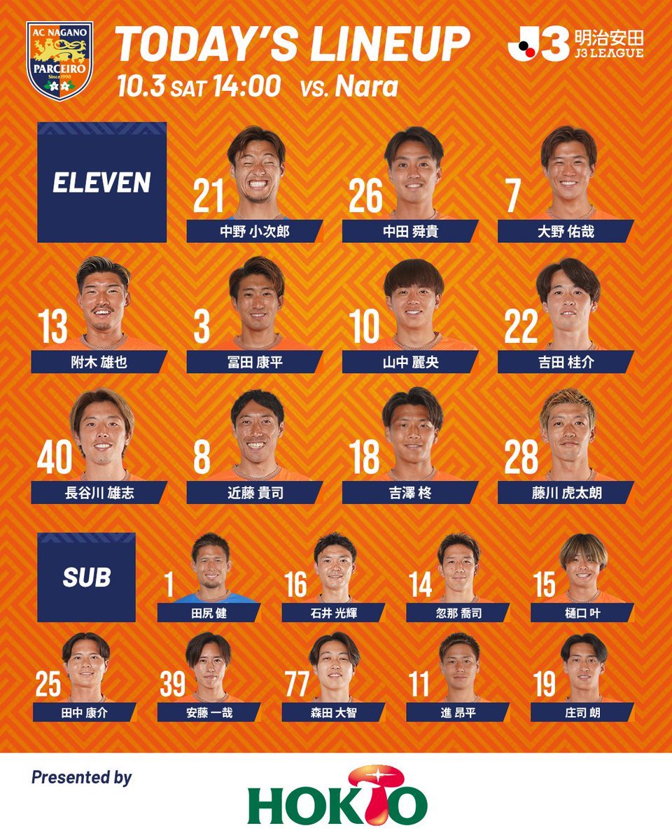 NAGANO_PARCEIRO's tweet photo. 🟠MATCH DAY!!｜vs.奈良 14:00

⭐️明治安田J3リーグ 第9節

TODAY'S LINEUP!!🦁
https://t.co/xdrxiqqF6w

#acnp #パルセイロ https://t.co/fzxdOeRR0F