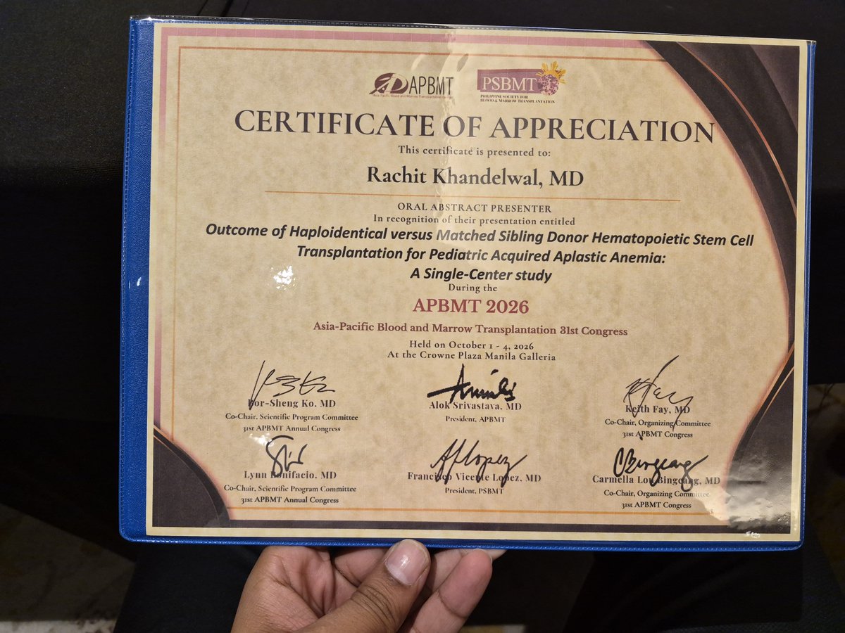 dr_khandelwal99's tweet photo. Honoured to present our work as an Oral Abstract Presenter at APBMT 2026, Manila π΅π
"Outcome of Haploidentical versus Matched Sibling Donor HSCT for Pediatric Acquired Aplastic Anemia: A Single-Center Study.β
Grateful to my mentors, colleagues !
#APBMT2026 #HSCT https://t.co/gIlJICKzFC