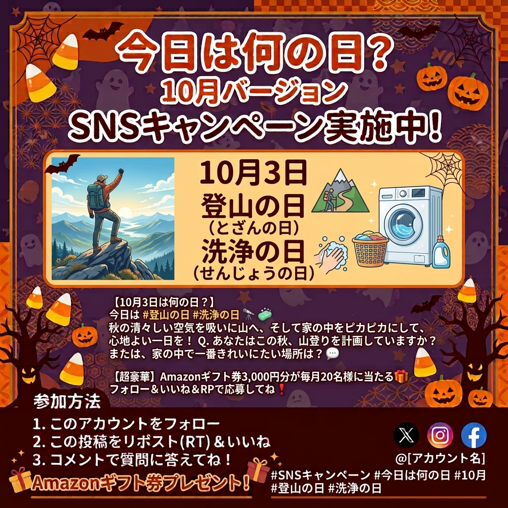 holiday_sakurag's tweet photo. 10月3日
今日は #登山の日 #洗浄の日 #アンパンマンの日 🏔️

体を動かしたりお掃除をしたりするのに心地よい季節になりましたね！
Q. あなたの趣味は何ですか？ぜひ教えてください✨

【超豪華】Amazonギフト券3,000円分が毎月20名様に当たる🎁
フォロー＆いいね＆RPで応募してね❗️ https://t.co/HuMEkCe3q8