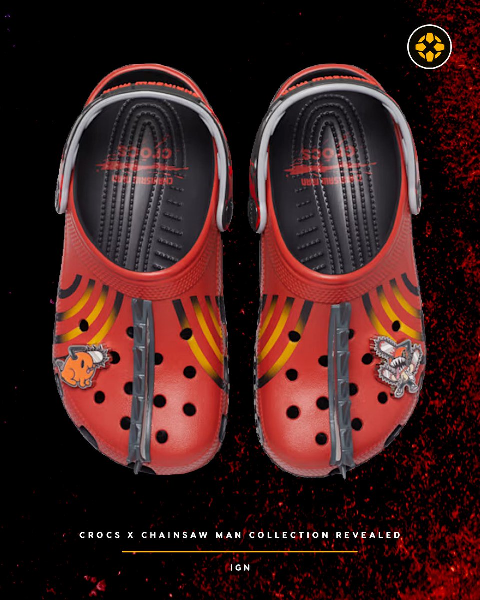 IGN's tweet photo. Crocs has unveiled a new collaboration with the hit anime series Chainsaw Man, featuring four new Clog designs and a series of five Jibbitz charms inspired by Pochita, Power, and other fan-favorite characters. https://t.co/TVnWMsi9Uv