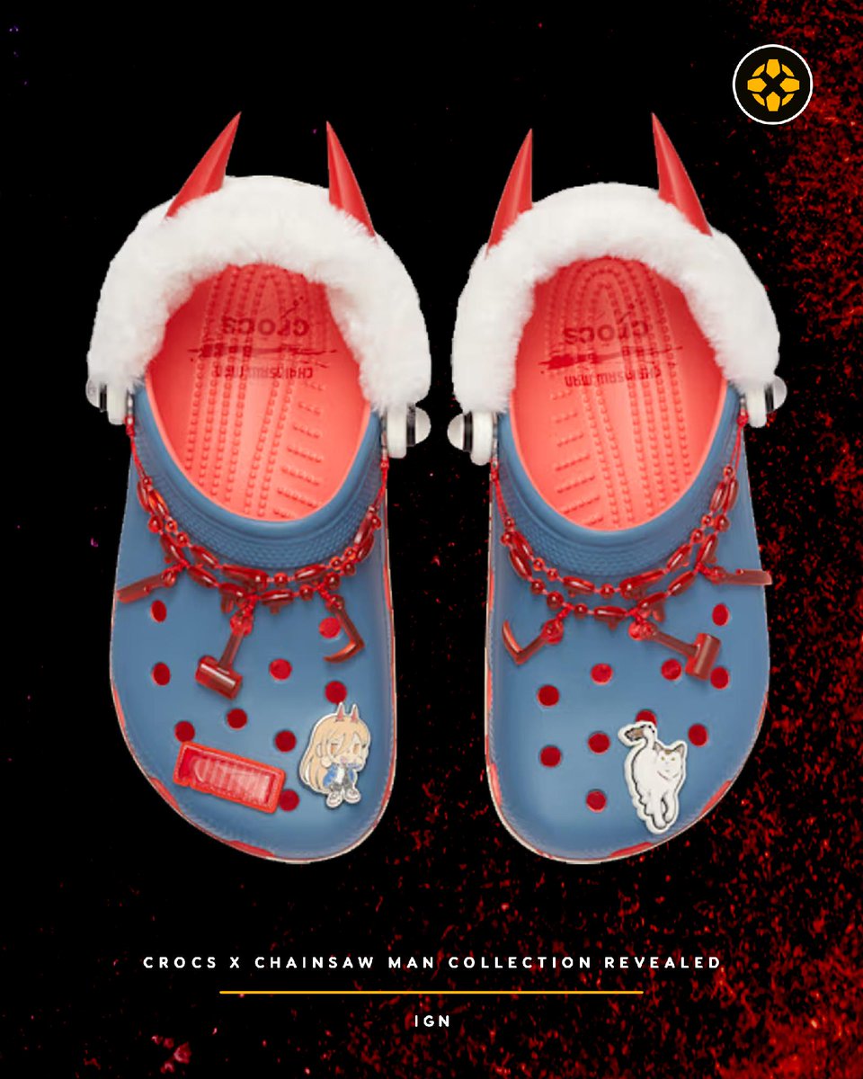IGN's tweet photo. Crocs has unveiled a new collaboration with the hit anime series Chainsaw Man, featuring four new Clog designs and a series of five Jibbitz charms inspired by Pochita, Power, and other fan-favorite characters. https://t.co/TVnWMsi9Uv