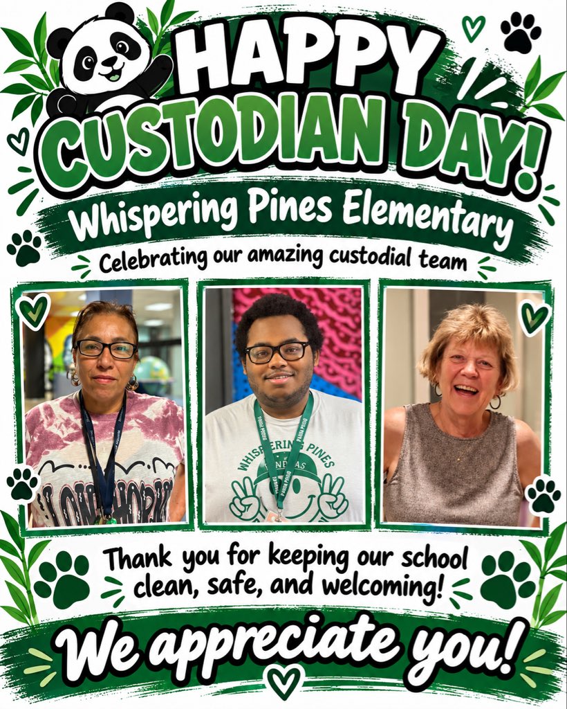 HumbleISD_WPE's tweet photo. Happy Custodian Day to our amazing WPE team! Thank you for keeping our school clean, safe, and welcoming every day. We appreciate you more than you know! 💚🖤🐼 #PandaProud https://t.co/bWOcFMj5dg